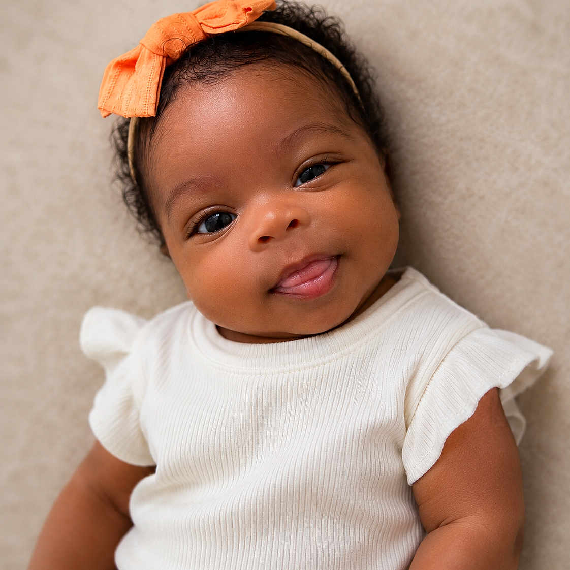 Andrea Rene joined the competition — help win amazing prizes! baby, infant, smile, tongue_out, headband, orange_bow, white_clothing, ruffled_sleeves, curly_hair, portrait, closeup, cute, happy, child, face, skin, eyes, soft_background, lying_down, adorable