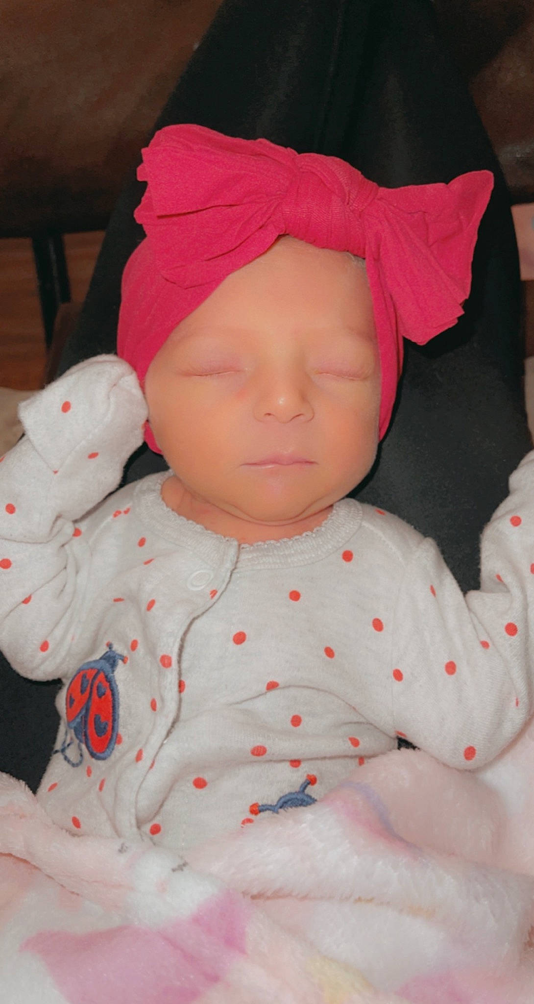 Demi joined the competition — help win amazing prizes! baby, baby_products, baby_sleeping, baby_toddler_clothing, cap, carmine, cheek, child, comfort, doll, flesh, hat, headgear, linens, pattern, peach, person, pink, sleeve, textile