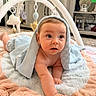 Luca is registered to the contest to win money with this photo: baby, blanket, blue, child, crawling, curious, cute, expression, floor, headwear, indoor, infant, knitwear, person, play_gym, portrait, reaching, soft, toy, young