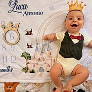 Luca joined the competition — help win amazing prizes! baby, baby_milestone, birds, bow_tie, castle, celebration, child, clothing, cute, happy, indoor, infant, lying_down, milestone_blanket, months, numbers, portrait, smiling, vest, wooden_crown