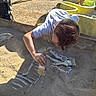 child, sandbox, dinosaur, fossil, brush, sand, outdoor, sunlight, playground, paleontology, toy, recreation, curiosity, exploration, kid, casual_clothing, hair, person, activity, nature