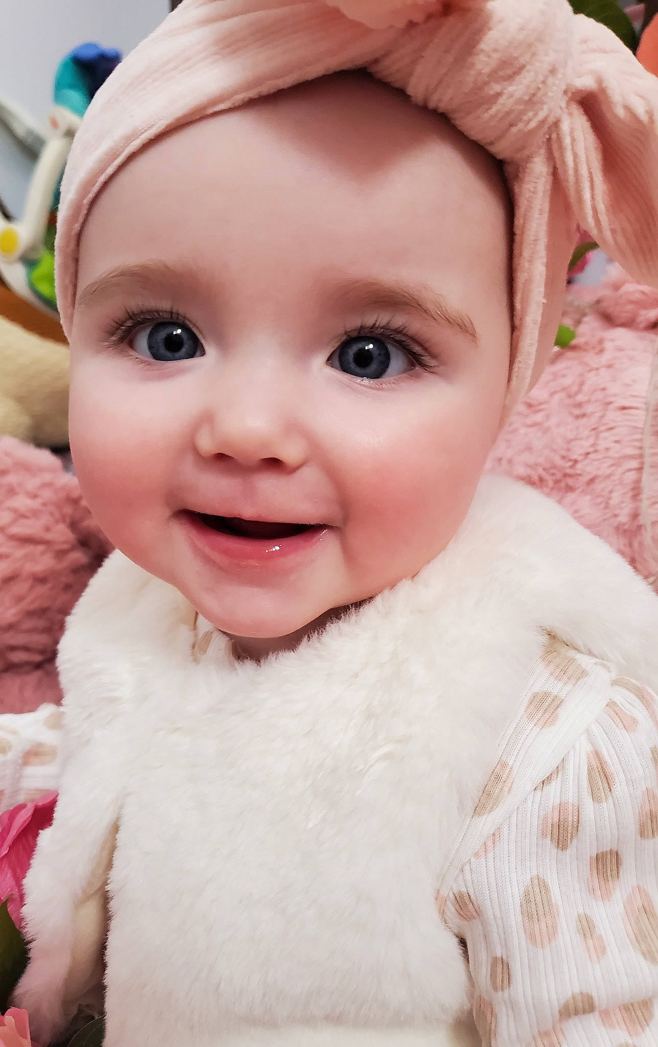 Aria joined the competition — help win amazing prizes! baby, baby_toddler_clothing, cap, cheek, child, chin, eyebrow, eyelash, fashion_accessory, fur, happy, hat, iris, joy, lip, nose, person, pink, skin, smile