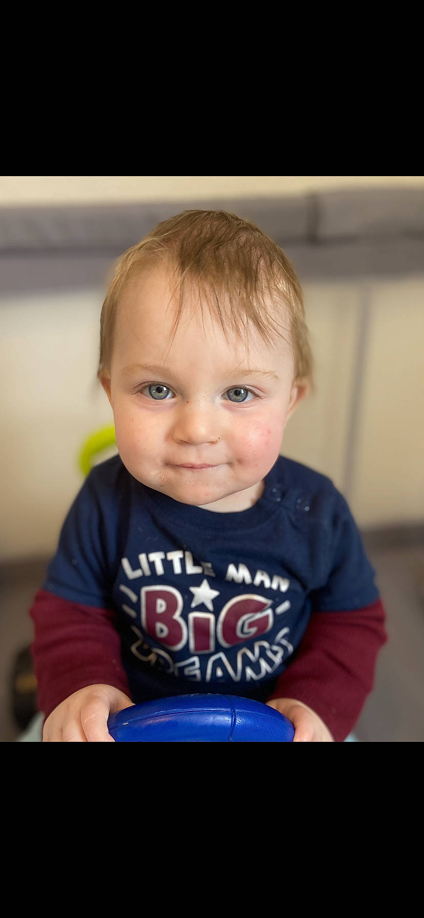 Evan joined the competition — help win amazing prizes! arm, baby_toddler_clothing, blond, cheek, child, elbow, electric_blue, eye, face, flash_photography, fun, happy, head, iris, joy, person, sitting, skin, sleeve, smile