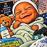 baby, infant, smiling, sleeping, portrait, blanket, teddy_bear, milk_bottle, pacifier, game_controller, books, nursery, bedroom, beanie, cozy, cute, illustration, colorful, text, playful