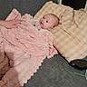 baby, blanket, child, comfort, couch, cozy, fabric, gray, hand, home, indoor, infant, person, pillow, pink, portrait, resting, sleepy, soft, wrapped