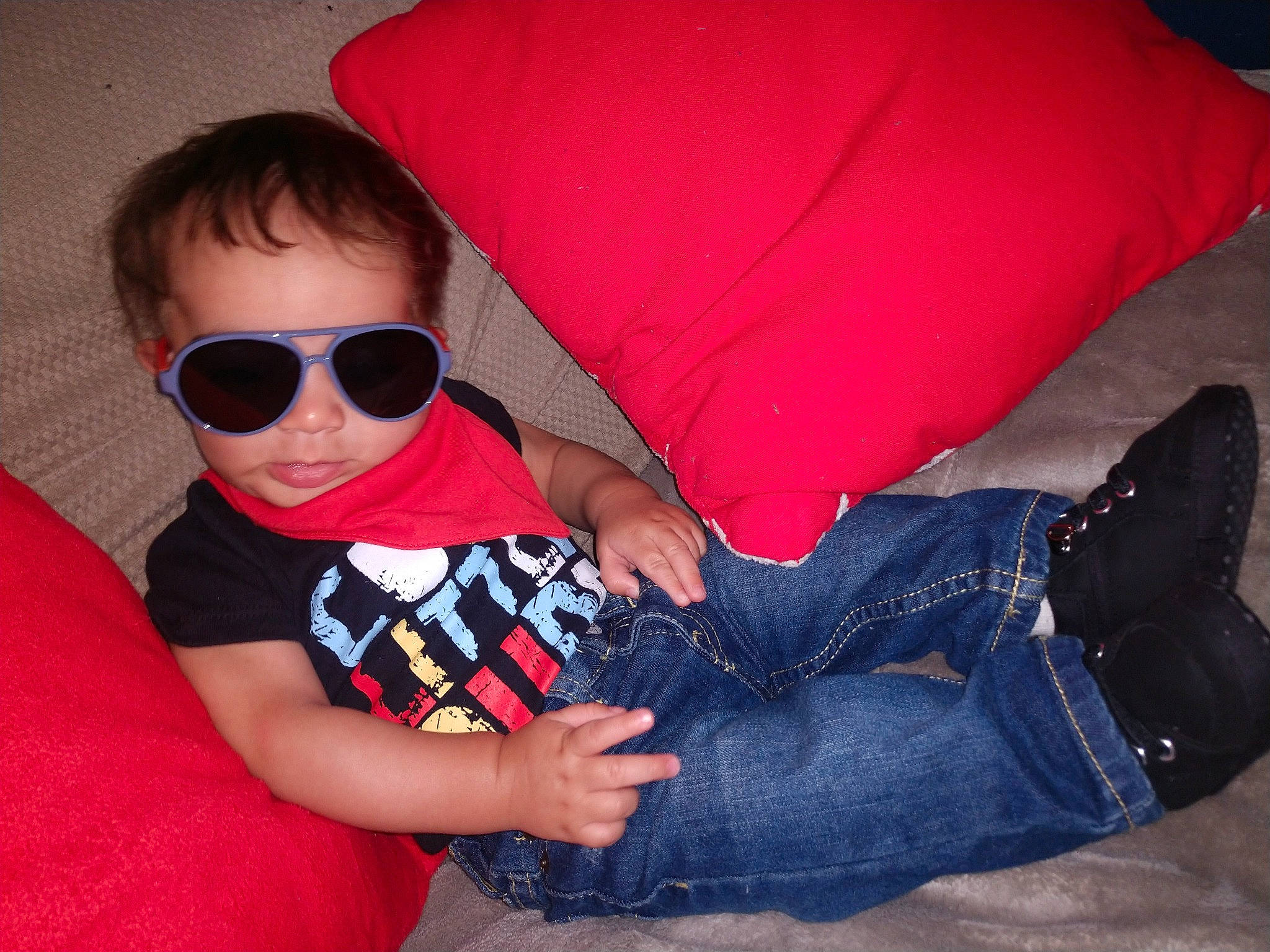 Claudio joined the competition — help win amazing prizes! arm, baby_toddler_clothing, comfort, cool, elbow, eyewear, finger, fun, gesture, glasses, goggles, hand, orange, person, red, sleeve, sunglasses, thigh, tints_and_shades, toddler