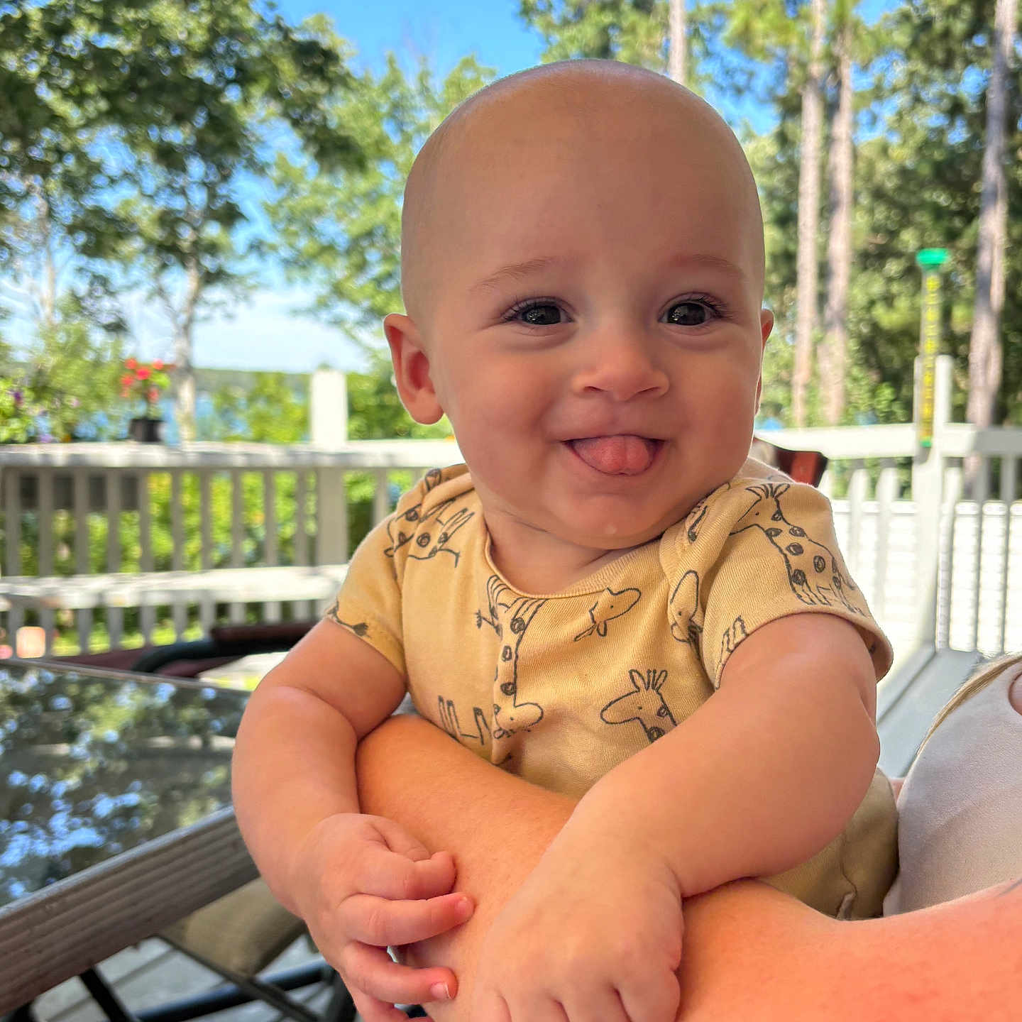 Fynn joined the competition — help win amazing prizes! arm, baby, child, cute, daylight, deck, face, giraffe_print, happy, holding, infant, nature, outdoor, person, railing, shirt, skin, smiling, tongue_out, trees