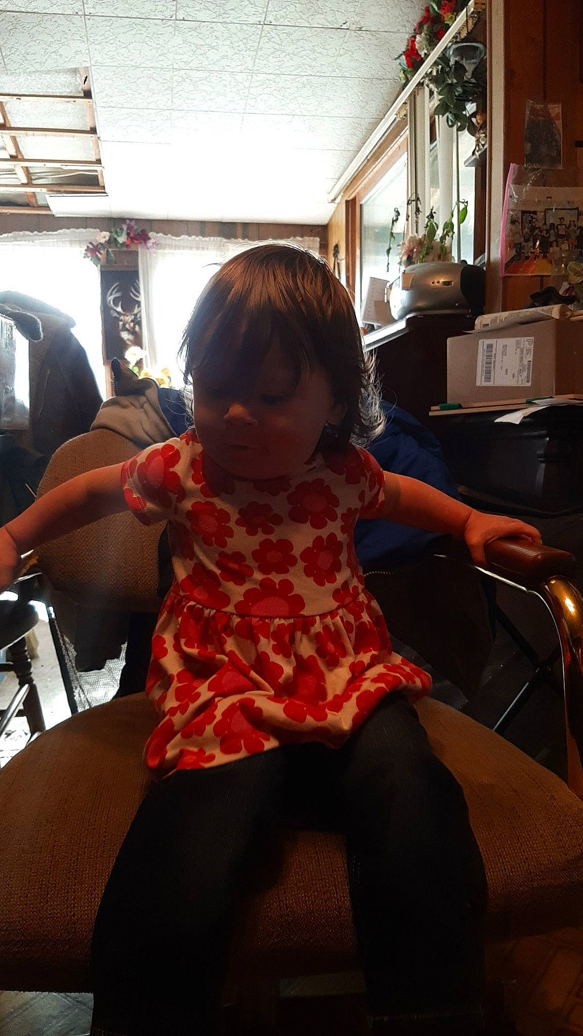 Isabelle is registered to the contest to win money with this photo: baby, car_seat, chair, child, comfort, flesh, flooring, fun, hairstyle, human_leg, knee, lap, leg, leisure, person, plant, room, sitting, thigh, toddler