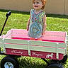 Kinsley is registered to the contest to win money with this photo: toddler, child, red_hair, pigtails, smiling, dress, patterned_clothing, wagon, pink_wagon, grass, outdoor, sunny, toy, play, happy, person, summer, joy, cute, portrait