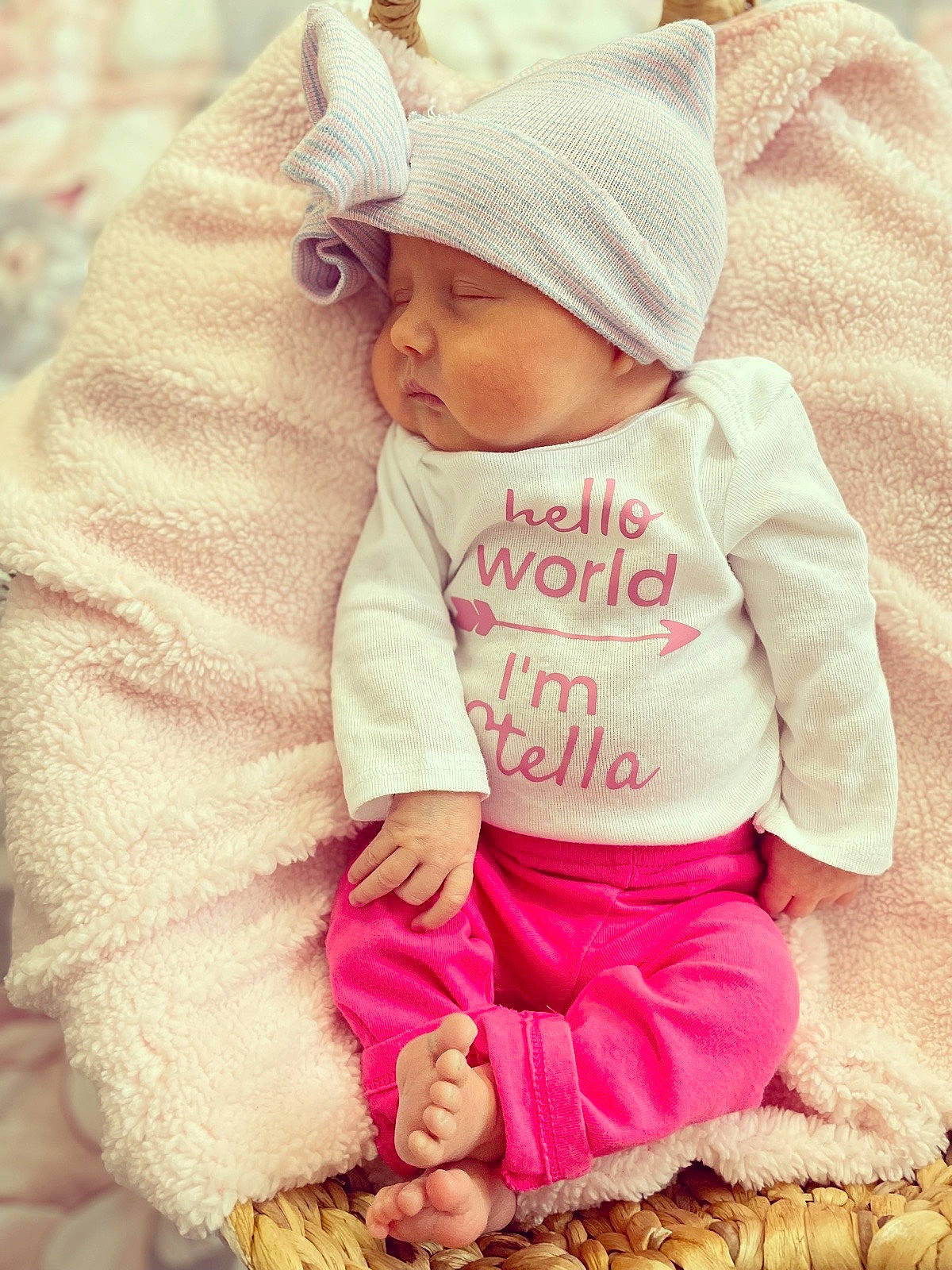 Stella is registered to the contest to win money with this photo: baby, baby_sleeping, baby_toddler_clothing, beauty, cap, child, comfort, grass, happy, headgear, headwear, linens, mammal, outerwear, pattern, person, photograph, pink, skin, sleeve