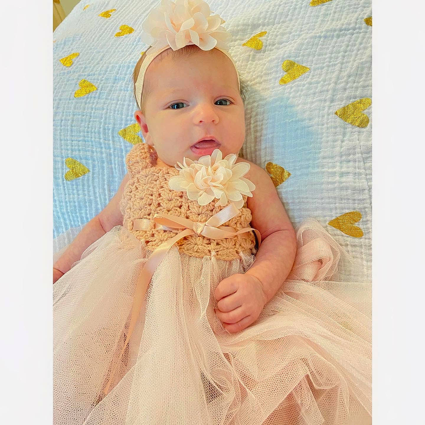 Roselina joined the competition — help win amazing prizes! baby, baby_toddler_clothing, bridal_accessory, day_dress, dress, embellishment, face, gown, hair_accessory, happy, head, headpiece, iris, linens, pattern, peach, person, pink, sleeve, textile