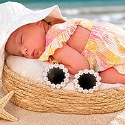 Aurora joined the competition — help win amazing prizes! baby, sleeping, hat, sunglasses, basket, beach, sand, starfish, seashell, colorful_clothing, cute, peaceful, summer, outdoor, infant, resting, sunhat, accessories, relaxation, portrait