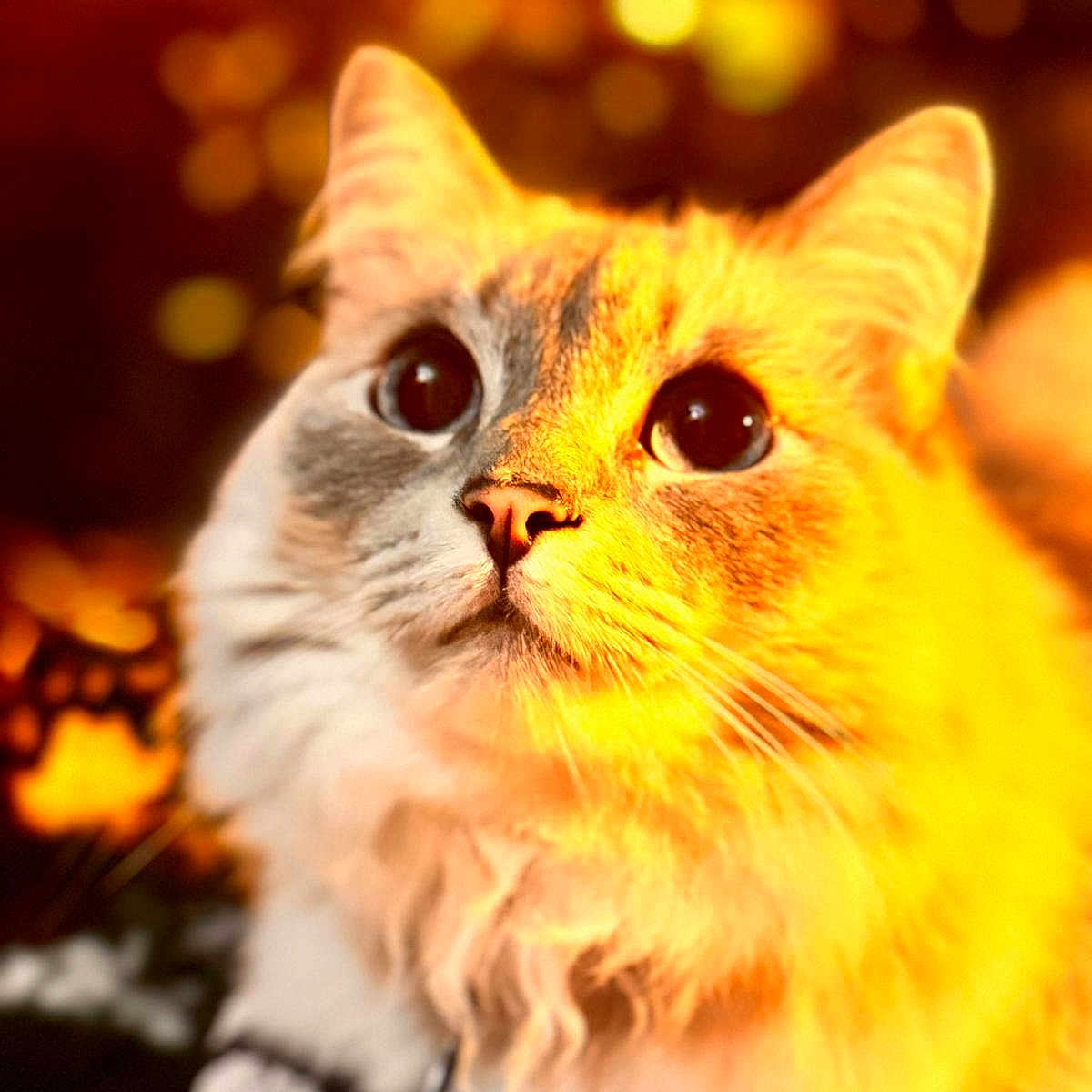 Chipie participe au concours pour gagner de l'argent avec cette photo : animal, bokeh, cat, close_up, cute, ears, eyes, feline, fluffy, fur, indoor, looking_up, mammal, orange, pet, portrait, soft_focus, warm_light, whiskers, yellow