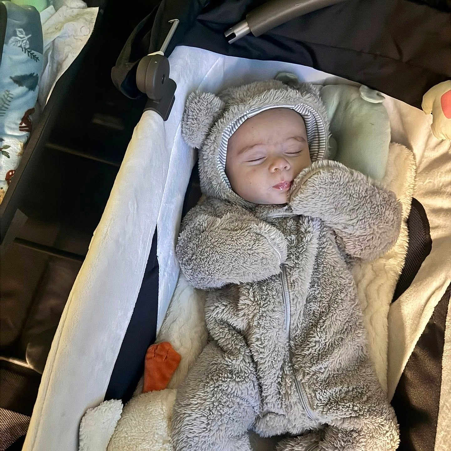 Thomas James is registered to the contest to win money with this photo: baby, bassinet, bear_ears, blanket, child, comfort, cozy, cute, fuzzy_costume, indoors, infant, nursery, peaceful, plush_toy, resting, sleeping, soft_texture, toddler, warm_clothing, wearing_onesie