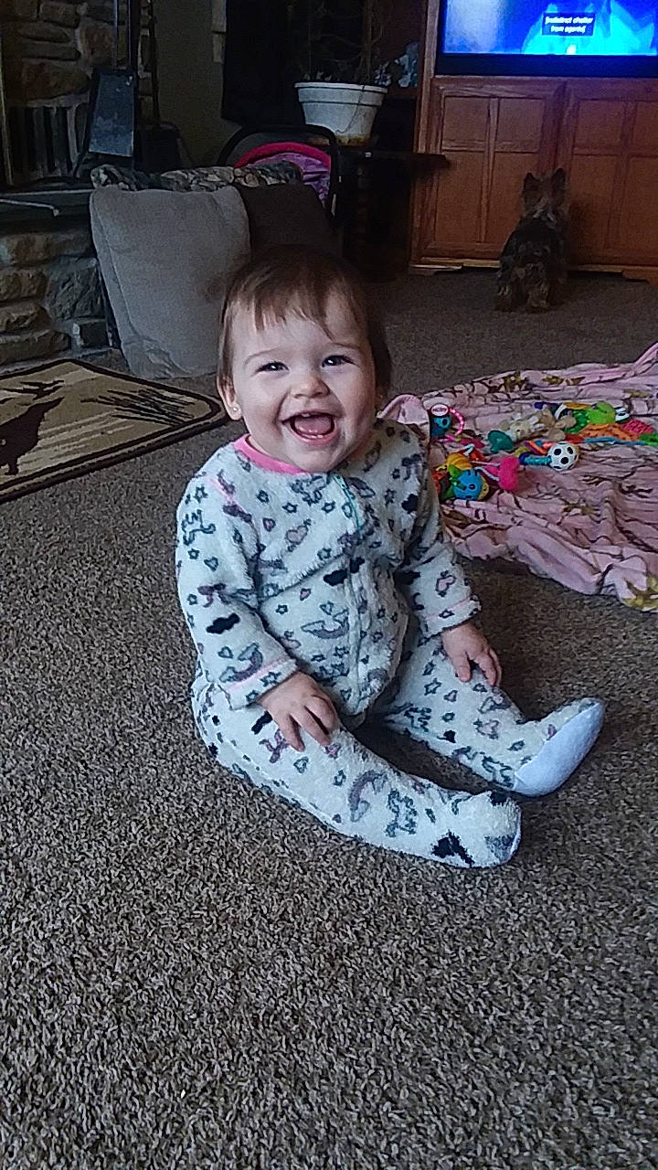 Kaylin joined the competition — help win amazing prizes! baby, child, floor, flooring, joy, person, sitting, toddler