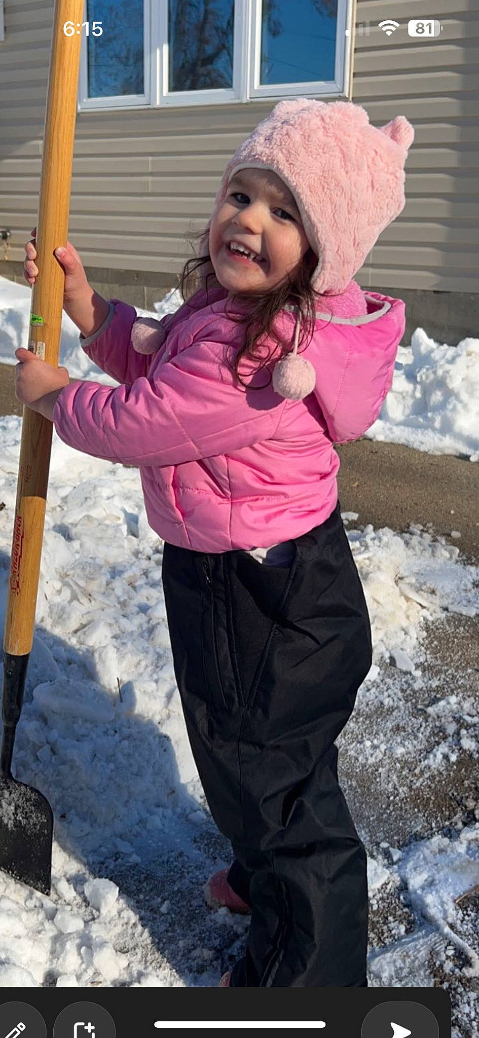 Aviana joined the competition — help win amazing prizes! child, clothing, freezing, fun, happy, headwear, joy, leisure, magenta, outerwear, person, photograph, pink, play, playground, recreation, shovel, smile, snapshot, snow