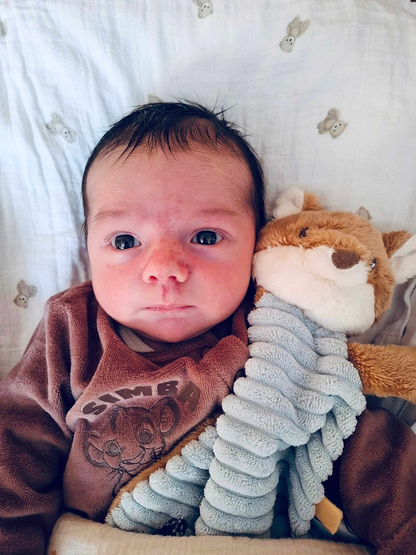 Marius participe au concours pour gagner de l'argent avec cette photo : baby, infant, newborn, face, eyes, blanket, stuffed_animal, plush_toy, toy, onesie, clothing, portrait, close_up, bedding, nursery, soft_toy, expression, lying_down, head, cute