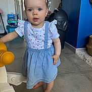 Arya participe au concours pour gagner de l'argent avec cette photo : toddler, child, indoor, dress, barefoot, toy, floor, face, blue_eyes, hair_clip, curious, standing, play, home, trash_bin, basket, tile_floor, young_child, person, casual