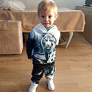 Santiago Loureiro a rejoint le concours — aidez-le/la à gagner de superbes lots ! toddler, child, hoodie, tiger_print, pants, white_shoes, wooden_floor, indoor, room, couch, bed, smiling, standing, person, clothing, furniture, light, face, hair, floor