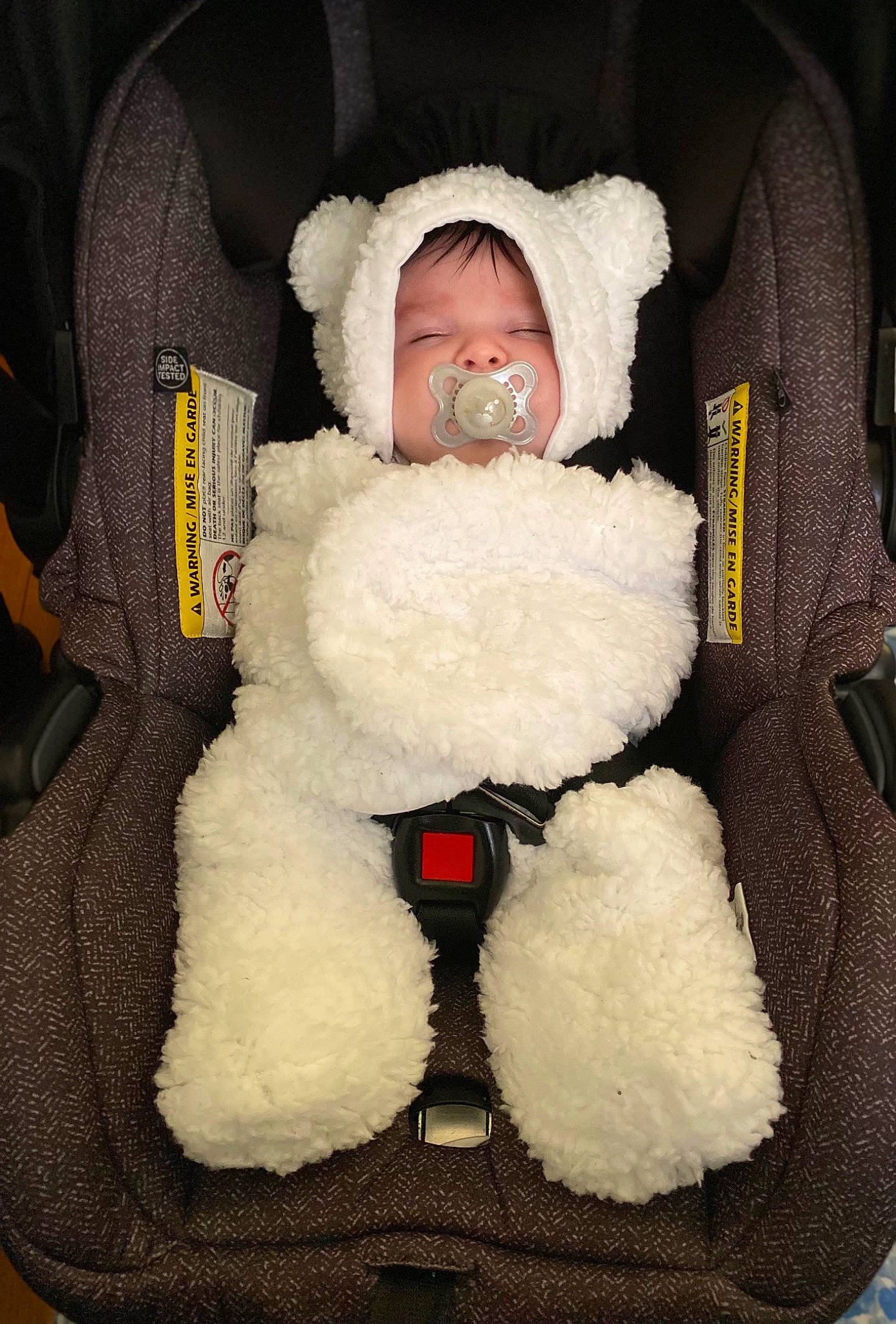Nora is registered to the contest to win money with this photo: baby, baby_carriage, baby_products, baby_sleeping, beard, car_seat, child, comfort, eye, freezing, fun, fur, human_body, linens, person, sitting, stuffed_toy, textile, toddler, toy