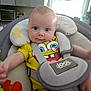 Ethan joined the competition — help win amazing prizes! baby, child, infant, yellow_shirt, spongebob, baby_seat, straps, cushion, indoor, kitchen, wide_eyes, curious, soft_lighting, face, person, clothing, seat_belt, toy, comfort, smile