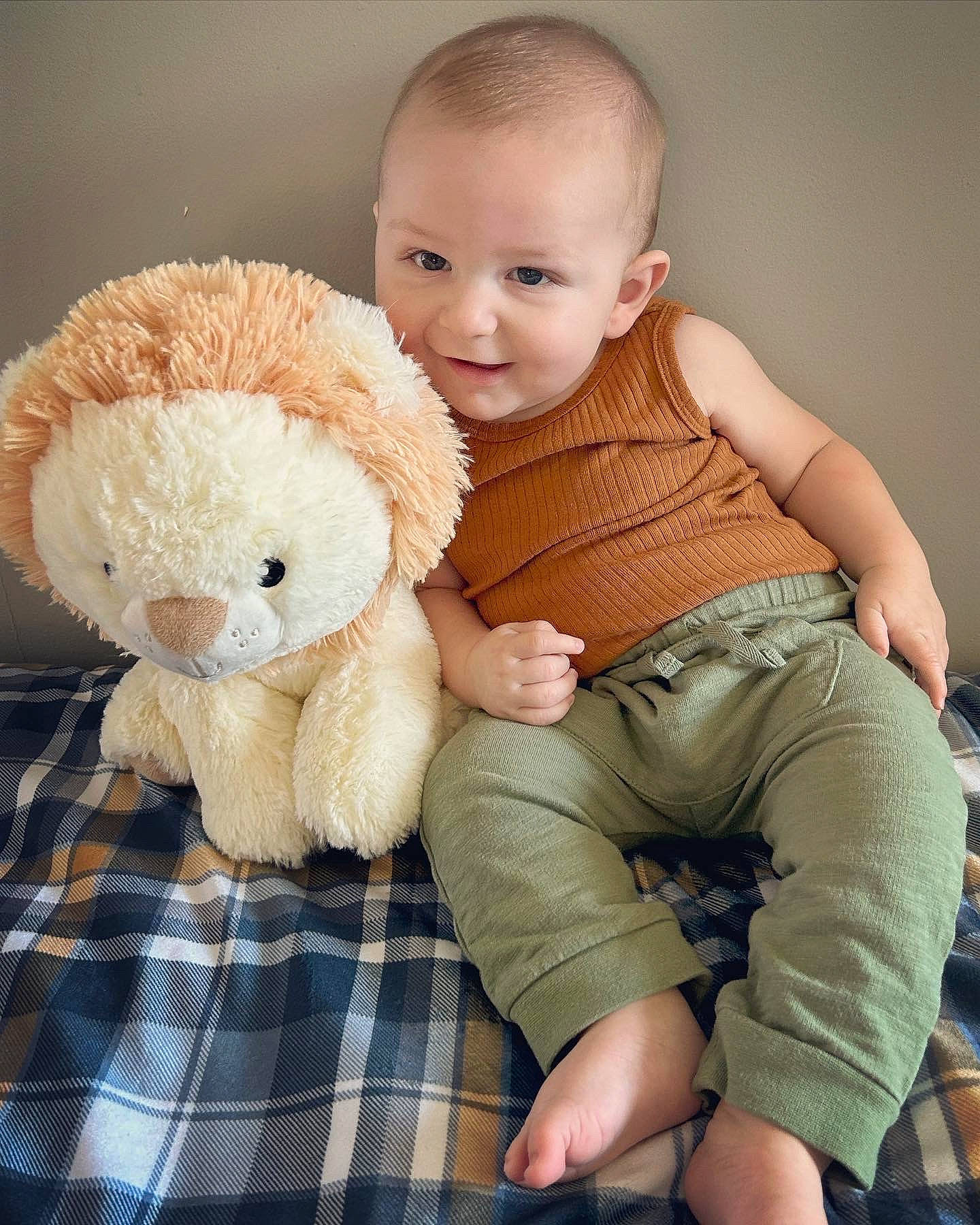 Karson joined the competition — help win amazing prizes! baby, baby_toddler_clothing, cheek, child, comfort, eye, happy, head, human_body, joy, pattern, person, plaid, sitting, skin, sleeve, stuffed_toy, tartan, teddy_bear, thigh