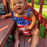 Leilani is registered to the contest to win money with this photo: baby, blue, bracelet, child, clothing, cute, dress, grass, happy, nature, outdoor, person, portrait, red, shadow, smiling, stairs, sunlight, white, wood