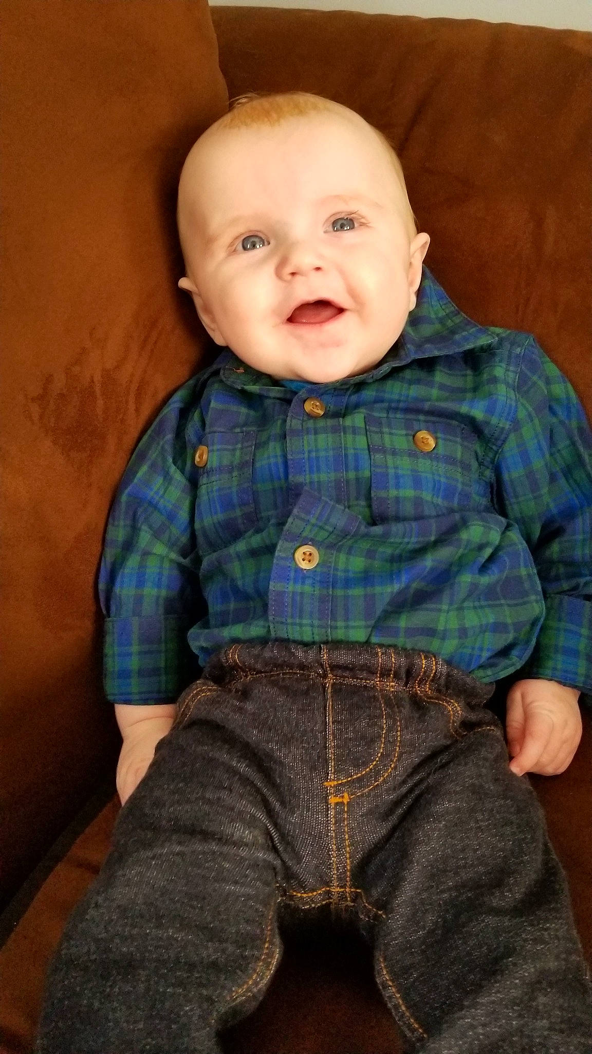 Cael joined the competition — help win amazing prizes! boy, cheek, child, eye, face, head, infant, pattern, person, plaid, sitting, smile, standing, tartan, toddler
