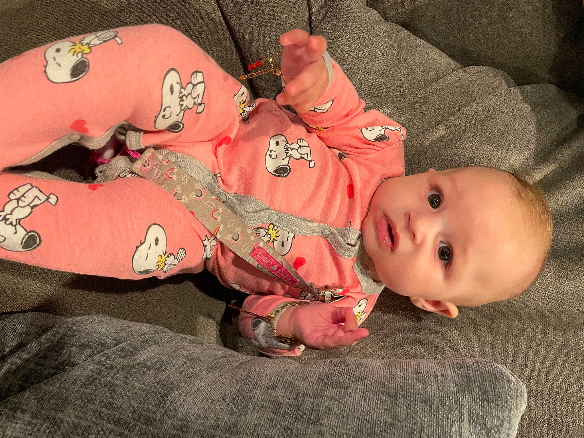 Annalise joined the competition — help win amazing prizes! baby, baby_toddler_clothing, carmine, cheek, comfort, elbow, eye, face, finger, head, human_body, human_leg, leg, lip, mouth, pattern, person, skin, sleeve, toddler