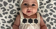 Leilani is registered to the contest to win money with this photo: baby, black_pants, child, cute, eyes, face, flower, hand, headband, indoors, infant, leopard_print_blanket, lying_down, milestone_marker, portrait, skin, smiling, soft_texture, white_top, wooden_plaque