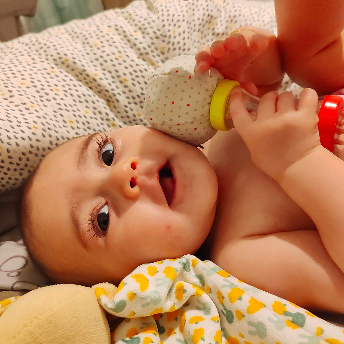 Assyle a rejoint le concours — aidez-le/la à gagner de superbes lots ! baby, bed, blanket, child, curious, cushion, cute, eyes, face, foot, hand, indoors, infant, lying_down, playful, rattle, skin, soft_toy, toy, young