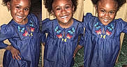 Aundrianna joined the competition — help win amazing prizes! child, girl, smiling, portrait, photo_collage, three_images, blue_dress, butterfly_pattern, hair_bow, curly_hair, natural_hair, earrings, standing, indoor, marble_floor, doorway, fashion, happy, full_body, colorful_clothing