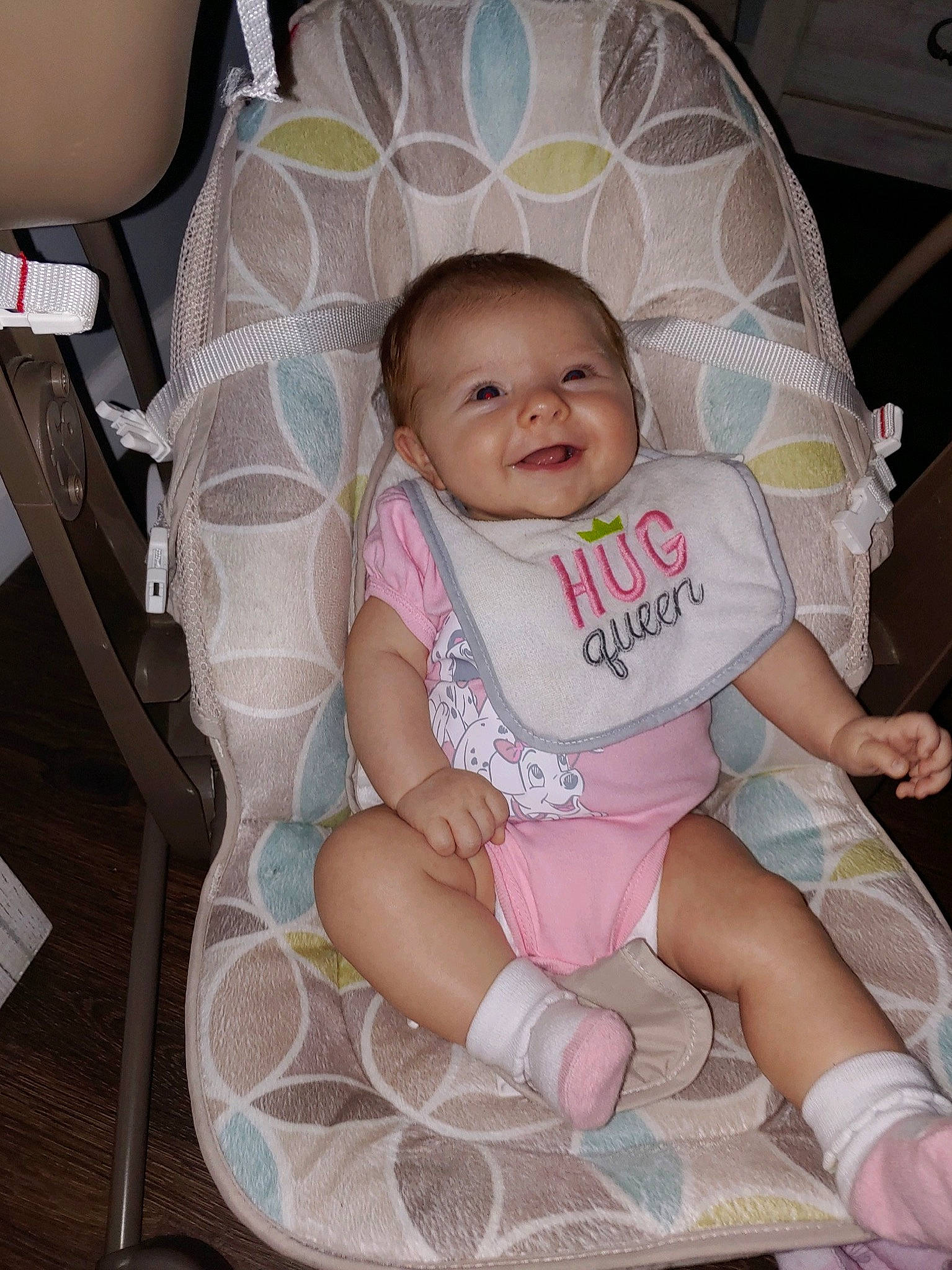 Rilynn joined the competition — help win amazing prizes! baby, baby_carriage, baby_toddler_clothing, chair, cheek, comfort, facial_expression, finger, hairstyle, human_leg, knee, lap, leg, mouth, person, pink, skin, sleeve, smile, thigh