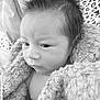 baby, infant, face, portrait, blanket, soft_texture, black_and_white, close_up, newborn, sleepy, cute, child, wrapped, hair, skin, indoors, peaceful, expression, warm, cozy