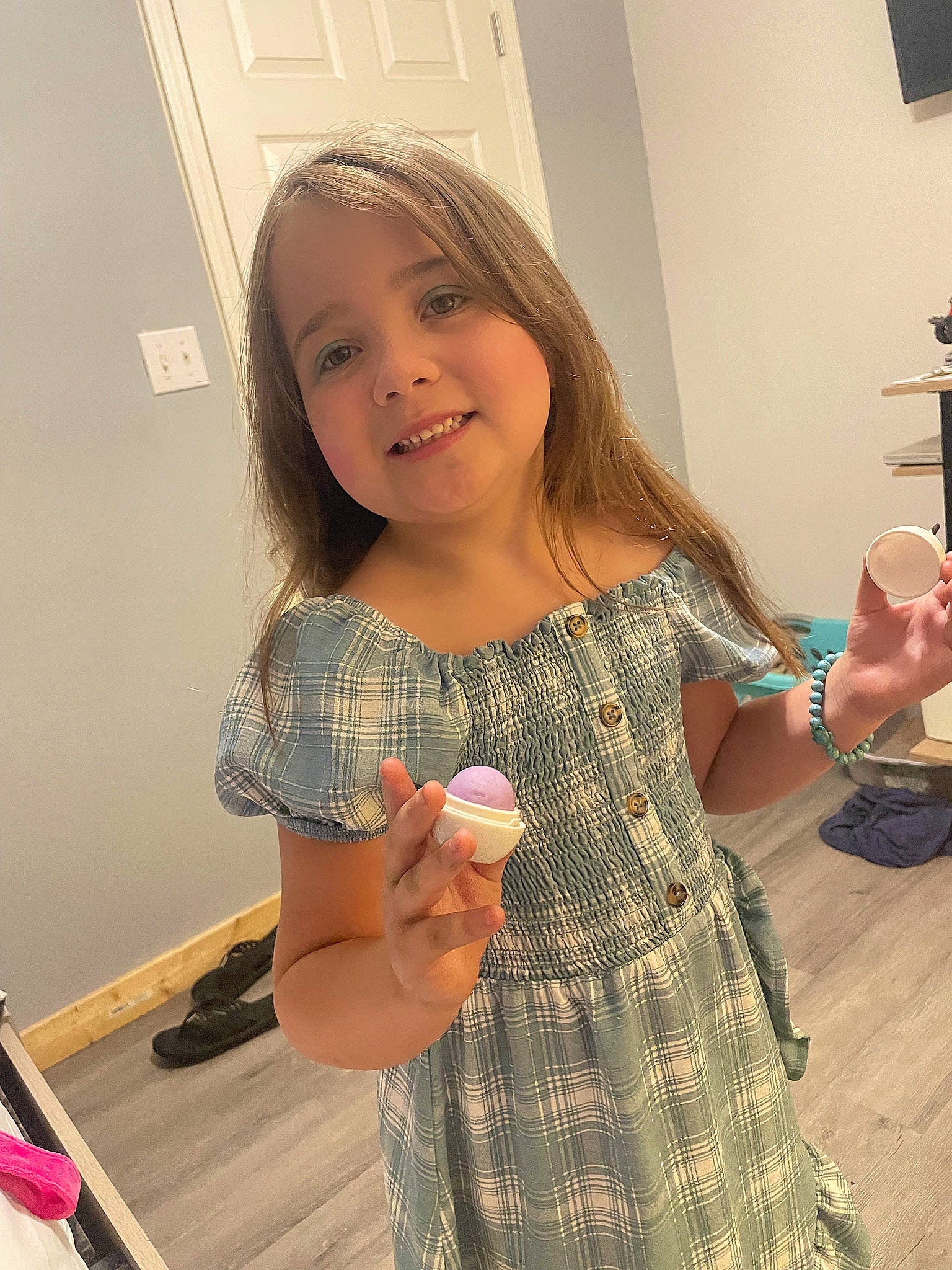 Elizabeth joined the competition — help win amazing prizes! arm, blond, brown_hair, child, dress, fashion_design, finger, gesture, hand, happy, joy, long_hair, neck, pattern, person, sleeve, smile, tableware, thumb, toddler