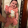 Mavis joined the competition — help win amazing prizes! baby, infant, crib, wooden_crib, pink_romper, bunny_design, smiling, happy, waving_hand, chubby_cheeks, happy_baby, hand, adult_hand, lying_down, cute, indoors, soft_lighting, hair, child, person