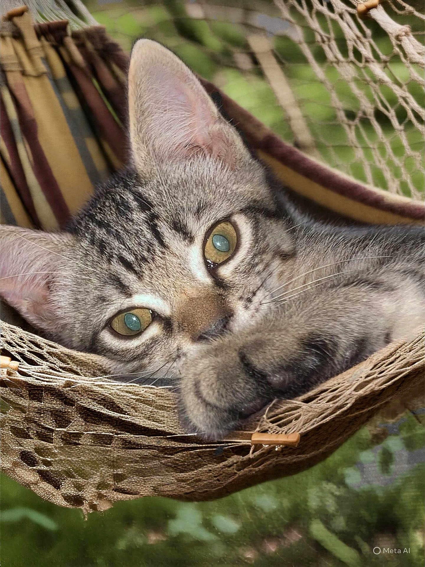 Pickles joined the competition — help win amazing prizes! cat, tabby, close_up, paw, hammock, relaxed, outdoor, animal, pet, feline, whiskers, ears, fur, green_background, nature, curious, resting, soft_light, portrait, cute