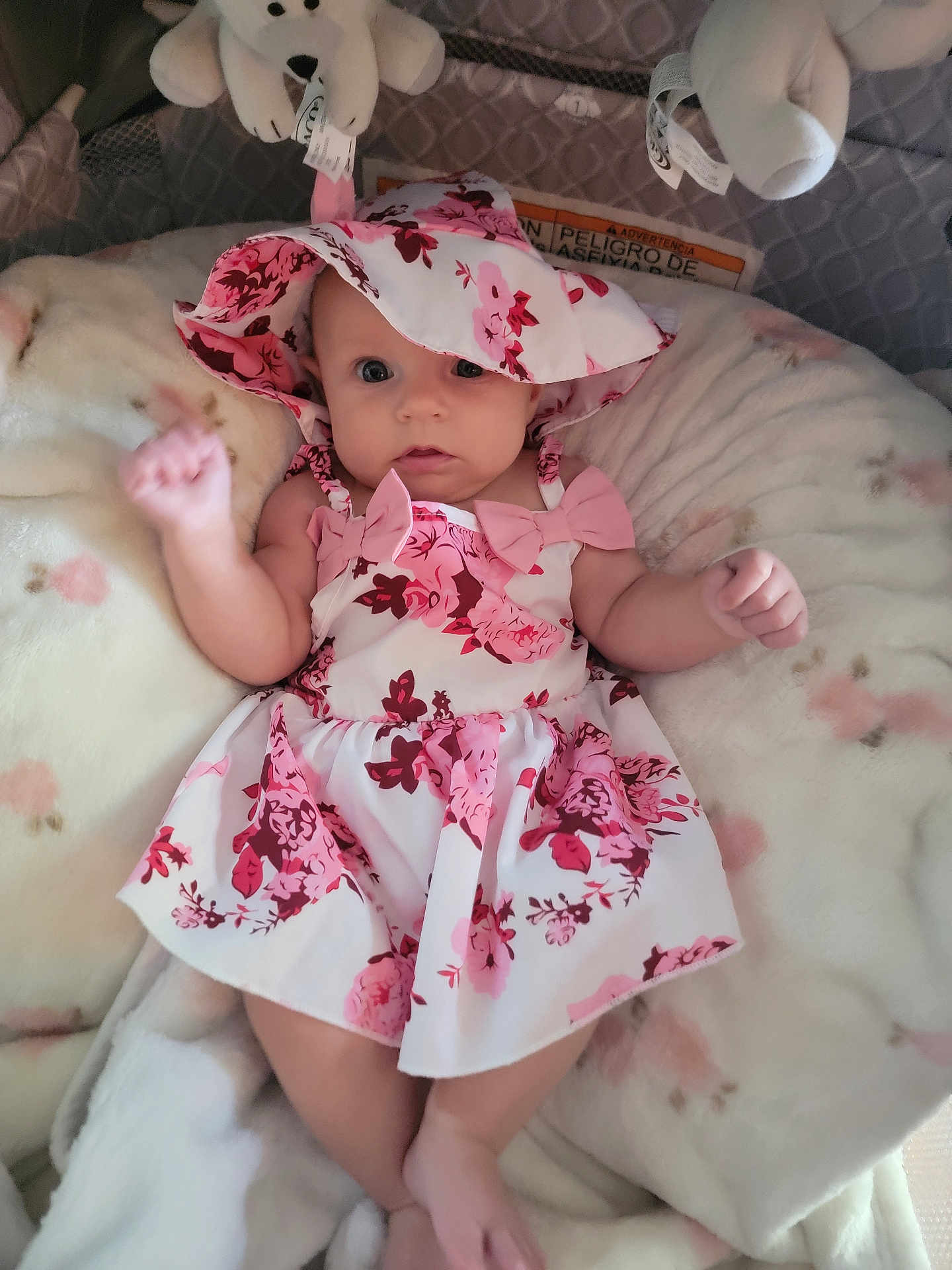 Paisley joined the competition — help win amazing prizes! baby, infant, dress, hat, floral_pattern, pink, white, blanket, plush_toys, soft_toy, cute, lying_down, raised_fist, indoors, comfort, child, adorable, face, person, clothing