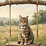 cat, tabby_cat, pet, animal, swing, wooden_swing, collar, tag, sitting, portrait, outdoor, meadow, countryside, wildflowers, landscape, trees, mountains, sunny, storybook, painting