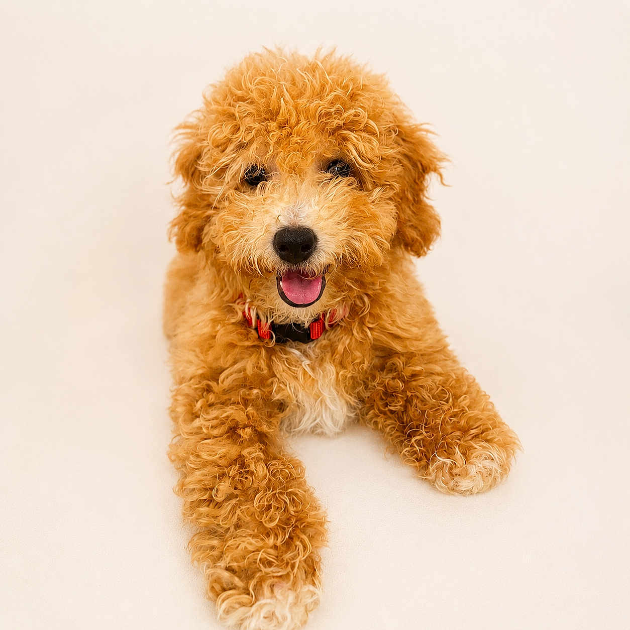 Loki Lauren is registered to the contest to win money with this photo: dog, puppy, golden_doodle, curly_fur, fluffy, pet, animal, cute, happy, tongue_out, collar, lying_down, front_paws, studio_shot, isolated, smiling, friendly, fur_texture, canine, adorable