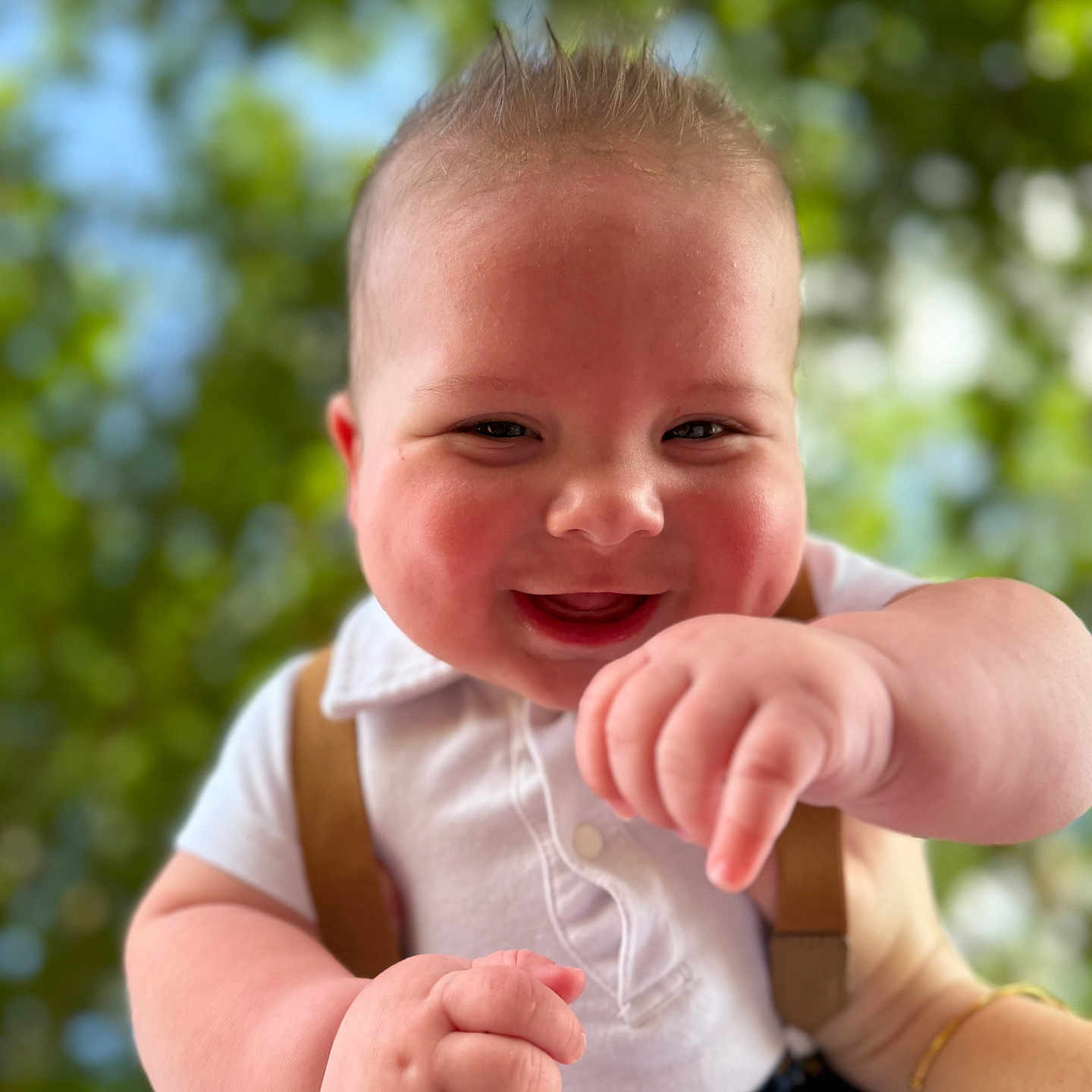 Levi joined the competition — help win amazing prizes! arm, baby, babylaughing, bodypart, clothing, face, finger, hand, happy, head, jeans, laughing, newborn, pants, person, photography, portrait, smile, t_shirt, wrist