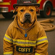 Banner is registered to the contest to win money with this photo: dog, firefighter, fire_helmet, fire_jacket, fire_truck, brown_dog, costume, uniform, outdoor, animal, canine, pet, sitting, collar, chain, reflective_stripes, rescue, emergency, hose, serious