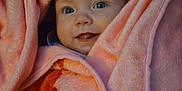 Octavia is registered to the contest to win money with this photo: baby, blanket, pink, orange, cute, smile, face, eyes, wrapped, soft, cozy, infant, child, warm, snug, portrait, indoors, happy, head, toddler