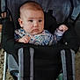 baby, stroller, infant, child, seat, clothing, patterned, indoor, carrying, person, furniture, grip, expression, face, head, hands, toy, comfort, blanket, soft