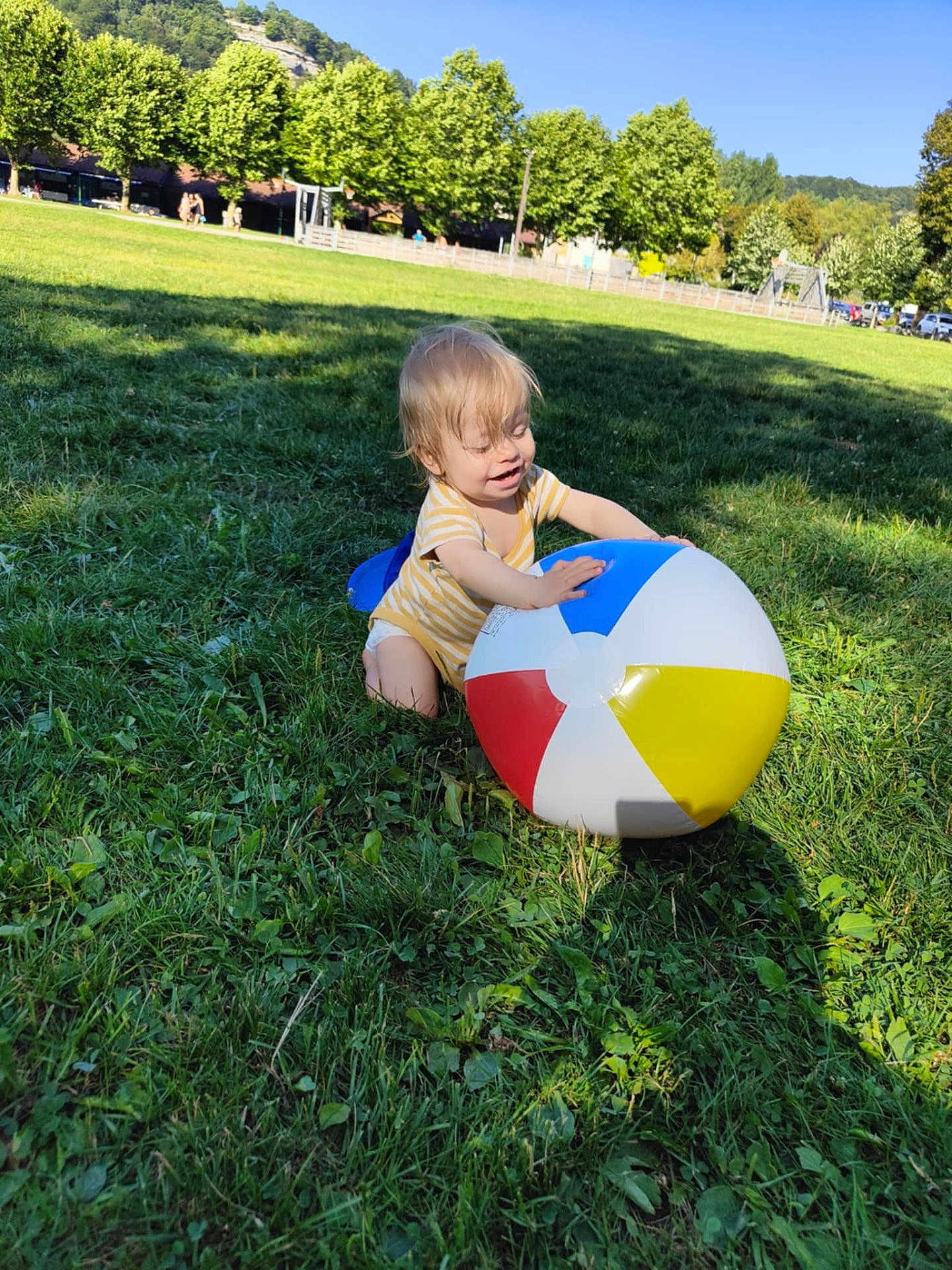 Eden participe au concours pour gagner de l'argent avec cette photo : toddler, child, grass, beach_ball, outdoor, sunlight, trees, greenery, play, happy, nature, summer, park, onesie, colorful, daytime, shadow, field, hill, recreation