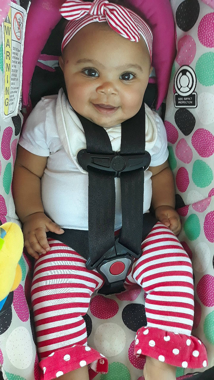 Sa'Riyah joined the competition — help win amazing prizes! baby, baby_products, baby_toddler_clothing, car_seat, cheek, child, joy, pattern, person, pink, play, product, smile, toddler