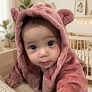 Celia joined the competition — help win amazing prizes! baby, child, infant, portrait, pink_hood, hooded_outfit, cute, wide_eyed, sitting, indoor, nursery, crib, stuffed_animals, teddy_bear, plant, wall_art, fairy_lights, furniture, cozy, close_up