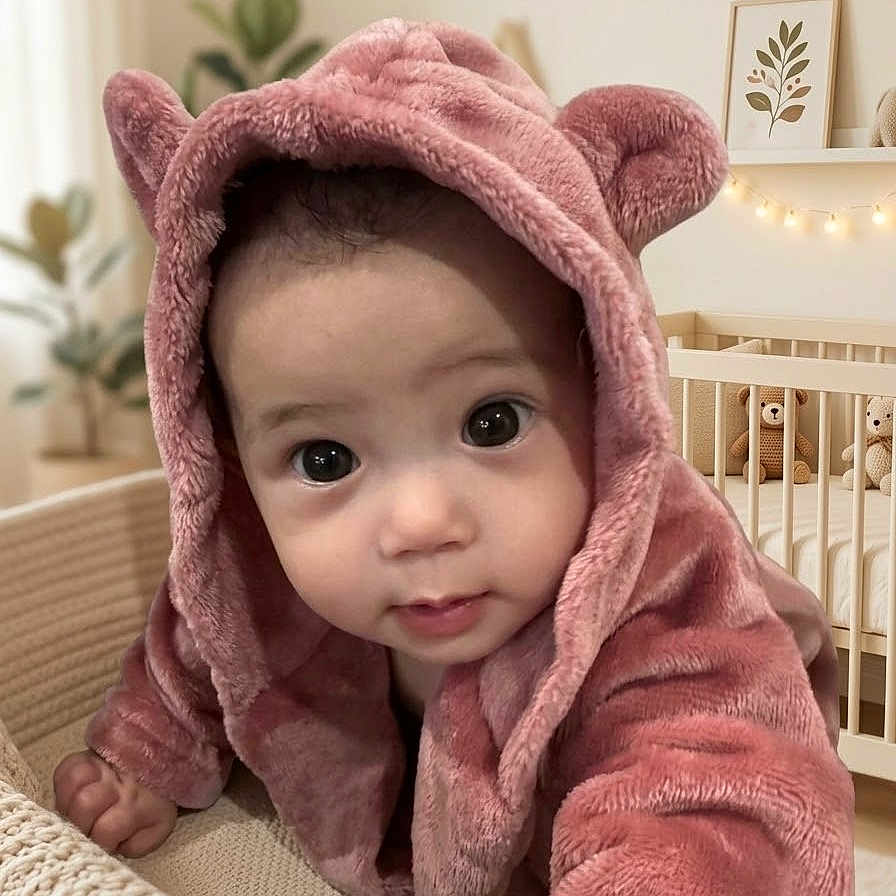 Celia joined the competition — help win amazing prizes! baby, child, infant, portrait, pink_hood, hooded_outfit, cute, wide_eyed, sitting, indoor, nursery, crib, stuffed_animals, teddy_bear, plant, wall_art, fairy_lights, furniture, cozy, close_up