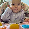 Celia joined the competition — help win amazing prizes! baby, infant, child, smiling, tongue_out, portrait, seated, activity_center, toy, colorful, unicorn_pattern, high_chair, indoor, window, daylight, sweater, long_sleeves, happy, close_up, family_photo