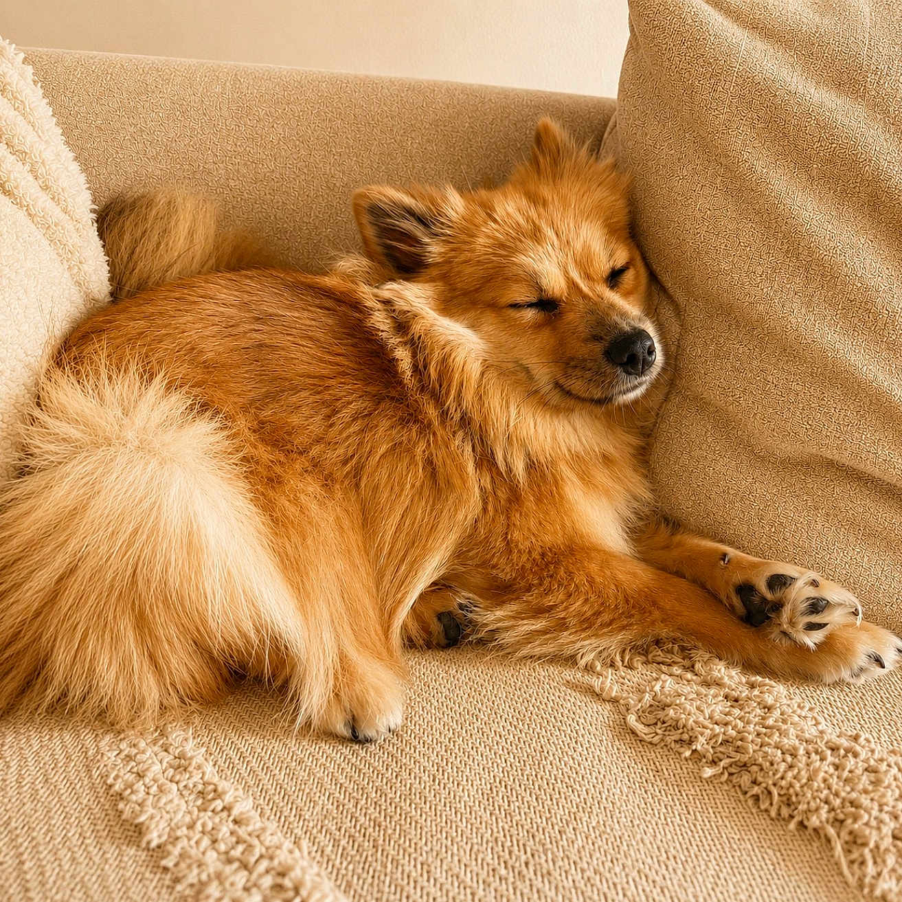 Tyanna a rejoint le concours — aidez-le/la à gagner de superbes lots ! dog, sleeping, couch, beige, fluffy, cozy, pet, relaxation, fur, paws, canine, indoors, domestic_animal, resting, closeup, comfort, home, animal, cute, snuggled